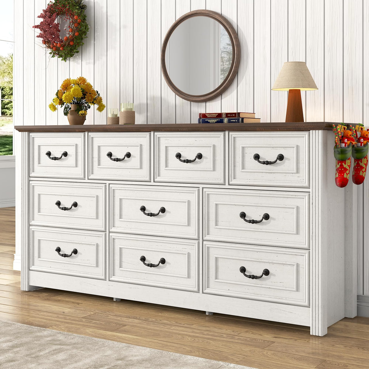 Farmhouse 10 Drawer Dresser for Bedroom,63in Large Rustic Wood Chest of Drawers with Metal Handle,TV Stands W/Storage,Long Closet Clothes Storage Organizer for Living Room Hallway Entryway(White) Hlivelood