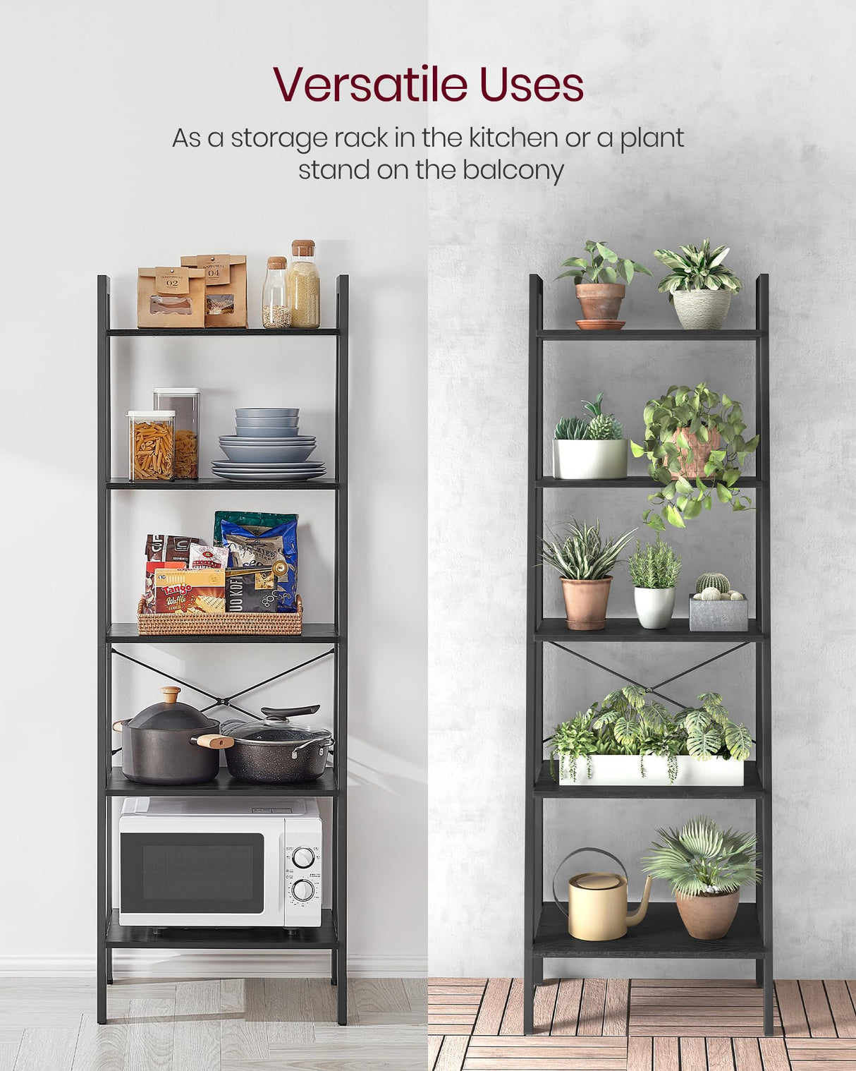 VASAGLE Ladder Shelf, 5-Tier Bookshelf, Storage Rack, Bookcase with Steel Frame, for Living Room, Home Office, Kitchen, Bedroom, Industrial Style, Ebony Black and Black ULLS045B56 VASAGLE