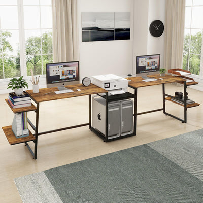 Natwind Two Person Desk with Storage Shelves, Double Desk with PC case/Shredder Stand, Study Writing Table,Computer Work Desk for Home Office,Home Craft Table Workstation, Heat Press Table,Retro