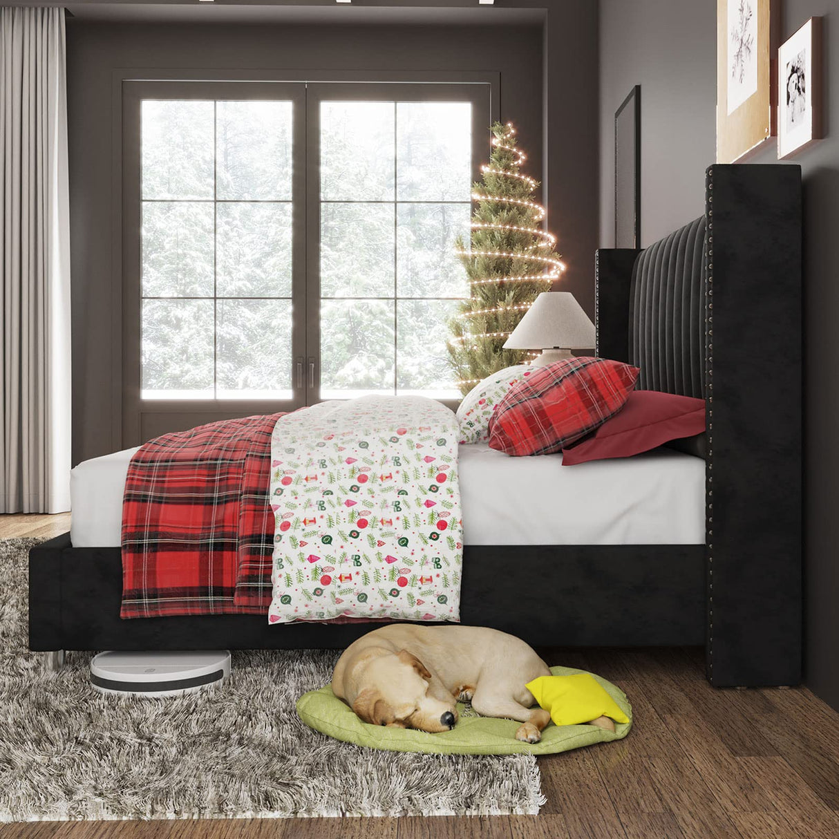 Jocisland King Size Bed Frame Upholstered Platform Bed with Tall Headboard Wingback, Velvet Vertical Channel Tufted, No Box Spring Needed, Easy Assembly, Black Jocisland