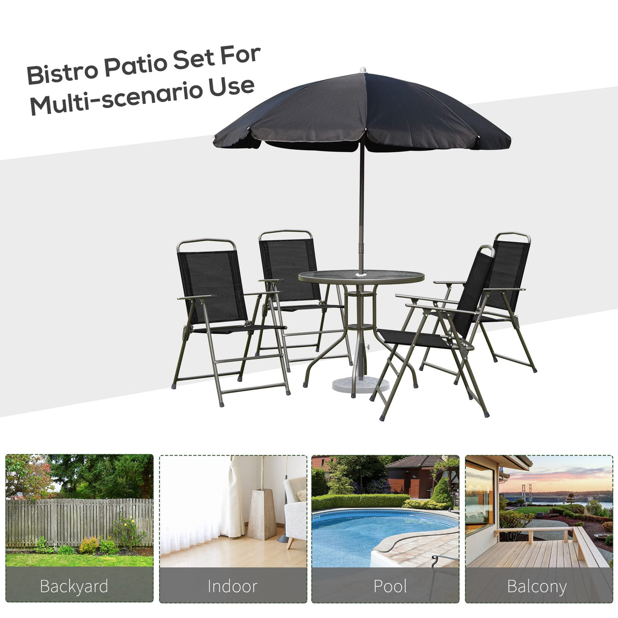 Outsunny 6 Piece Patio Dining Set for 4 with Umbrella, Outdoor Table and Chairs with 4 Folding Dining Chairs & Round Glass Table for Garden, Backyard and Poolside, Black Outsunny
