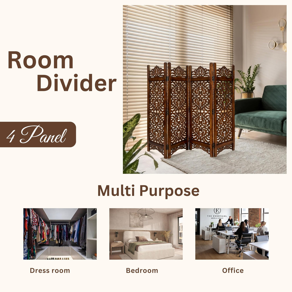 Light & Pro Wood Heart Design Handmade Hinged Foldable Partition 4 Panel Room Divider Screen with Intricately Carved Designs, Pre Assembled - Ready to Use - 48" x 1" x 64", Burnt Light & Pro