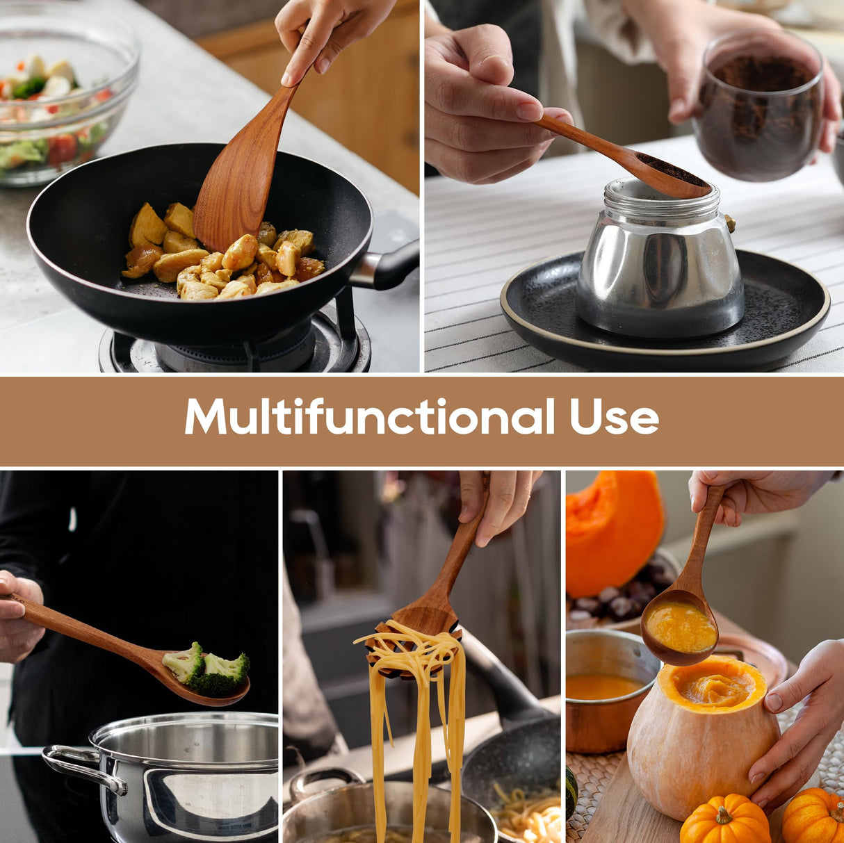 KLYRO Wooden Spoons for Cooking, Nonstick Kitchen Utensils Set with 4 Piece Measuring Spoons, Comfort Grip Wooden Spatula Set, 9 Piece Teak Wooden Cooking Utensils with Holder and Spoon Rest KLYRO