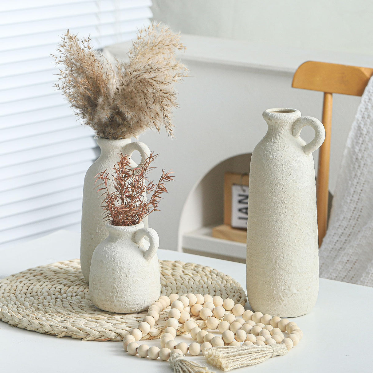 Ceramic Vase Set of 3 with Handle, Neutral Rustic Vases Home Decor Farmhouse Decorative Vase Whitewashed Pottery Decor Modern for Table Mantel Entryway Bookshelf Living Room Kitchen Bedroom - White ooit