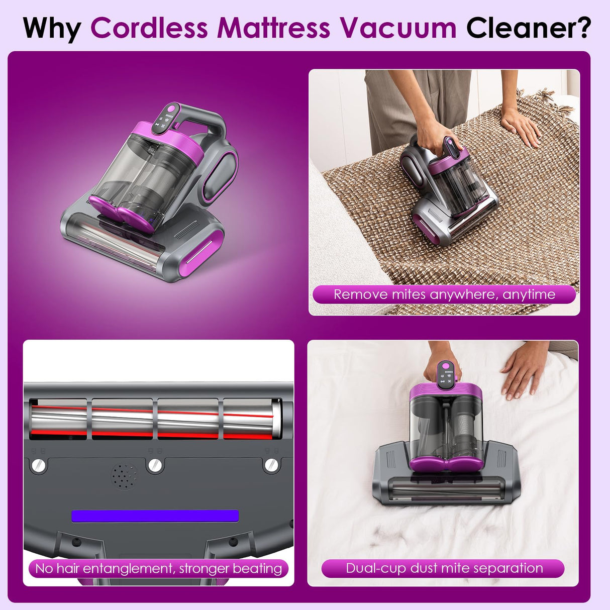 Cordless Mattress Vacuum Cleaner, Bed Vacuum Cleaner with 18Kpa Suction 253.7nm UV-C Light & 80000Rpm Rotation Ultrasonic Tech Double-Cup, Portable Handheld Vacuum for Bed/Fabric Sofa/Carpet Cleaning Linkifly