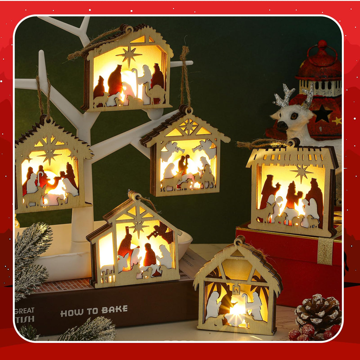 Anglechic 6 Pcs LED Nativity Scene Wooden Ornament 3D Christmas Religious Ornaments Rustic Light up Nativity Hanging Ornaments for Birth of Jesus Xmas Tree Christian Gift Holiday Party Decor(House) Anglechic