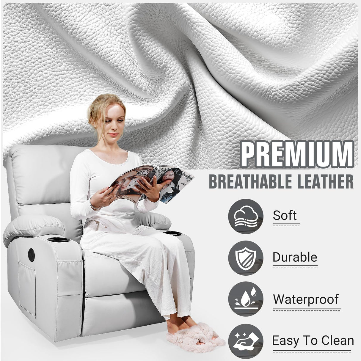 LAFWELL Rocking Recliner Chair, Massage Rocker Recliner Chair with Vibration Massage and Heat, USB and Type-C Ports,360° Swivel Faux Leather Chairs, Living Room, Bedroom, Nursery, RV, Light Grey LAFWELL