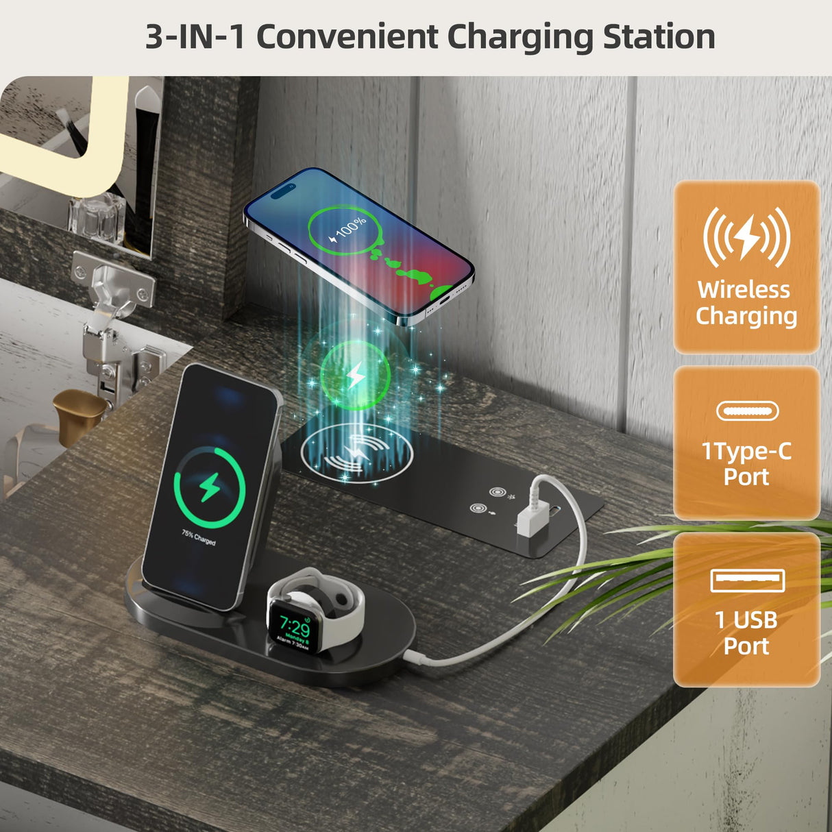 JDPAG Farmhouse Vanity Desk with Flip Top Mirror and Lights, Makeup Vanity Table with 2 Adjustable cabinets,2 Drawers and Hidden Storage Stool, Charging Dressing Table Set for Bedroom,White JDPAG