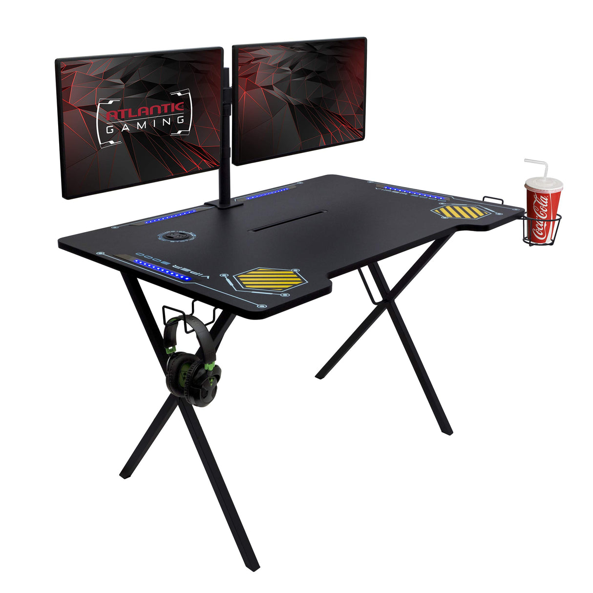 Atlantic Viper 3000 Gaming Desk – Single Laminated Surface, Heavy-Duty Steel X-Legs, Integrated LED, 3 USB 3.0 Ports, Smart Device Slot, Surge Protector Tray, Headset Hooks, PN 33906164 - Black Atlantic