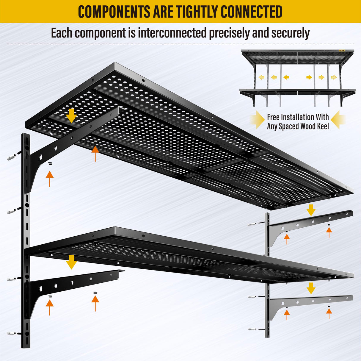 Brukid 2 Tier 1.3x4ft Garage Shelving Wall Mounted, 400 lbs Load Capacity,15.6x48inch per Shelf Height Cassette Adjustable Floating Shelves(Black) Brukid