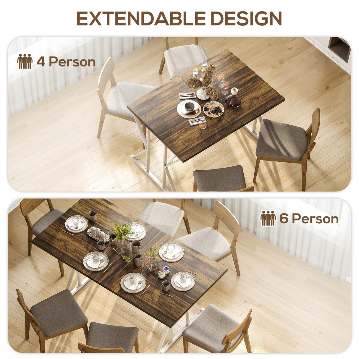 HOMCOM 47"-63" Expandable Dining Table for 4-6 People, Farmhouse Dinner Table with Heavy Duty Metal Trestle Base, Rectangle Kitchen Desk, Distressed Brown HOMCOM