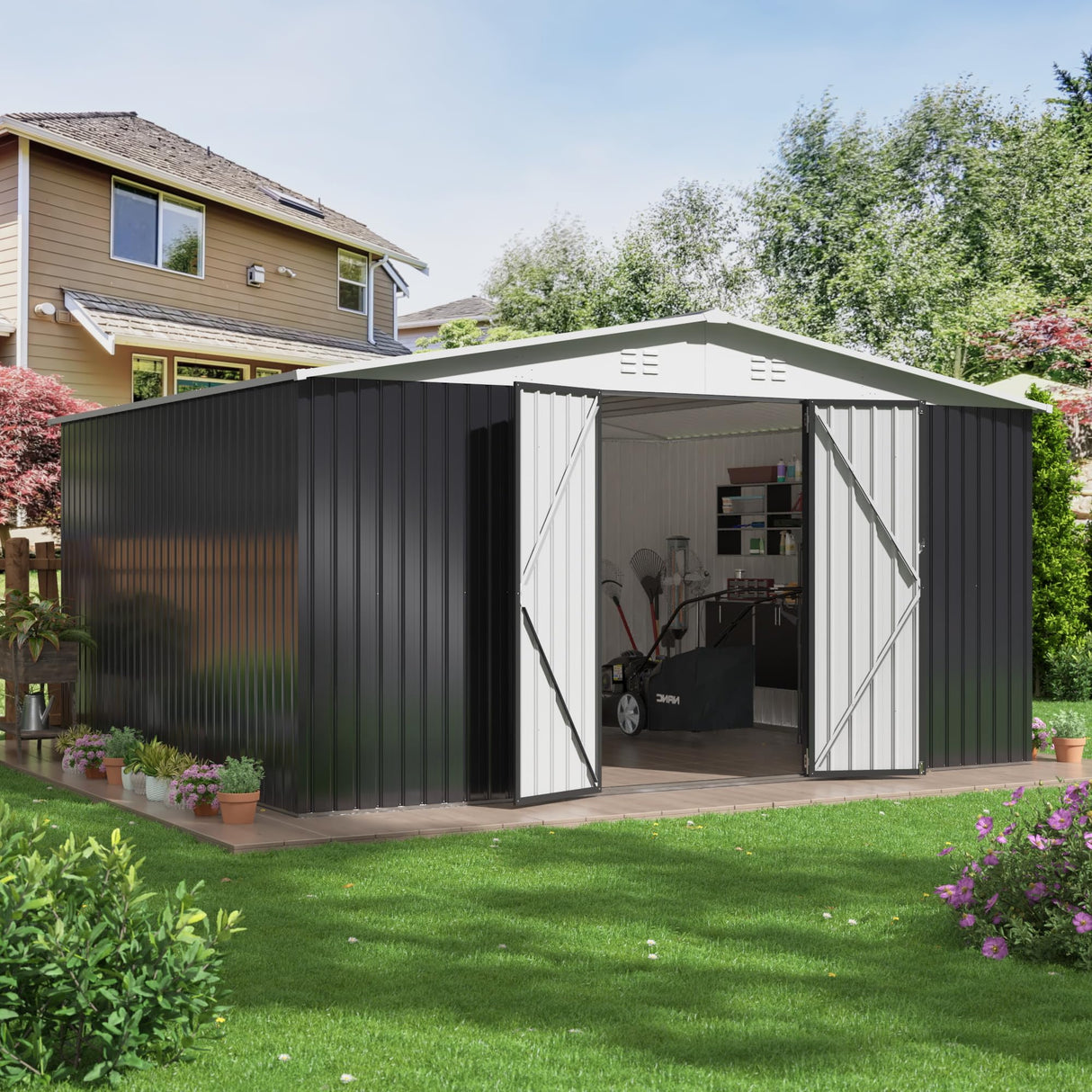 Polar Aurora 12x14 FT Outdoor Storage Shed, Garden Shed with Updated Frame Structure and Lockable Doors, Metal Tool Sheds for Backyard Garden Patio Lawn, White Polar Aurora