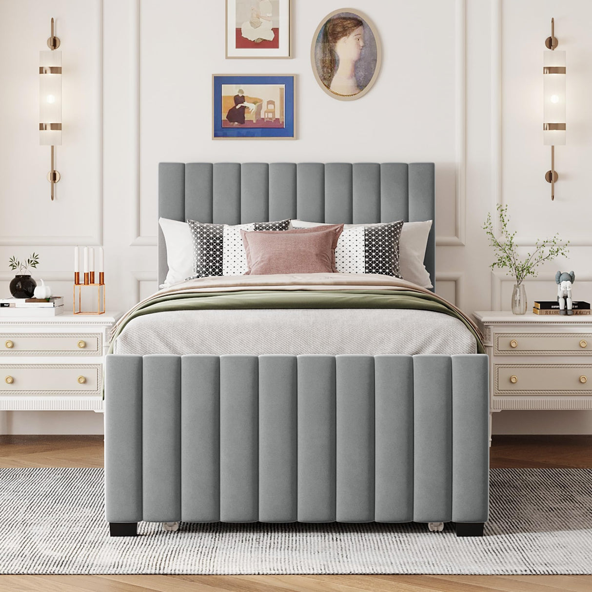 Twin Bed Frame with Trundle Bed,Velvet Upholstered Bed Frame,Twin Size Trundle Bed with Headboard,Upholstered Platform Bed Twin for Kids Teens Adults(Gray) Bellemave