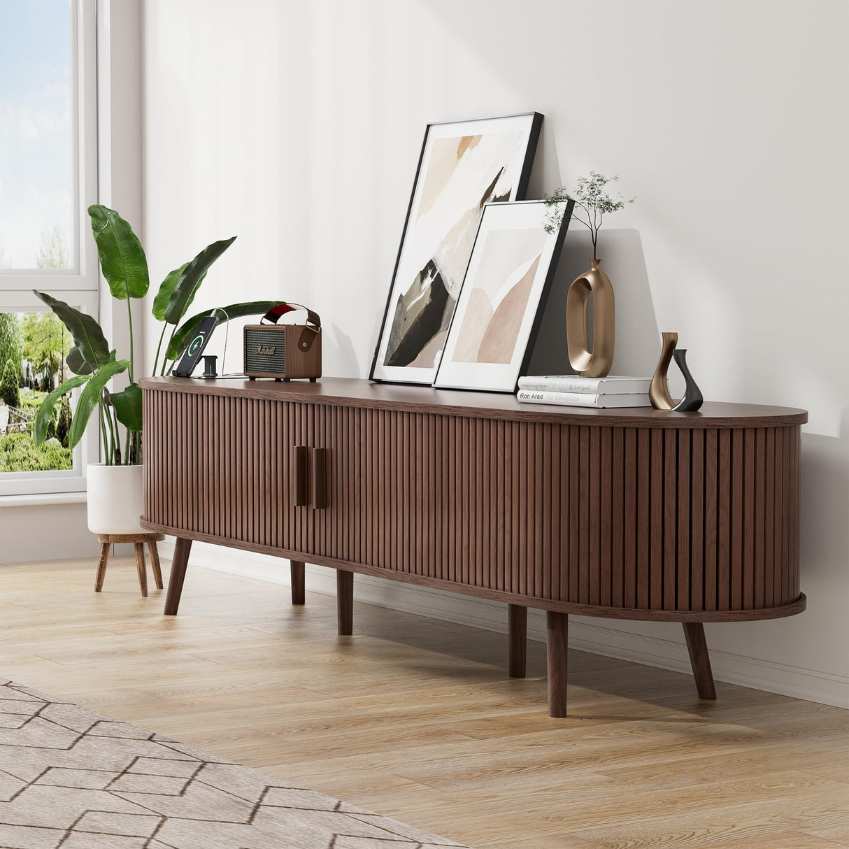69" Mid Century Modern TV Stand with Charging Station, Farmhouse Curved Round Edge TV and Media Console Table with Drawer and Shelf, Fluted Entertainment Center for Living Room, Bedroom, Walnut Alohappy
