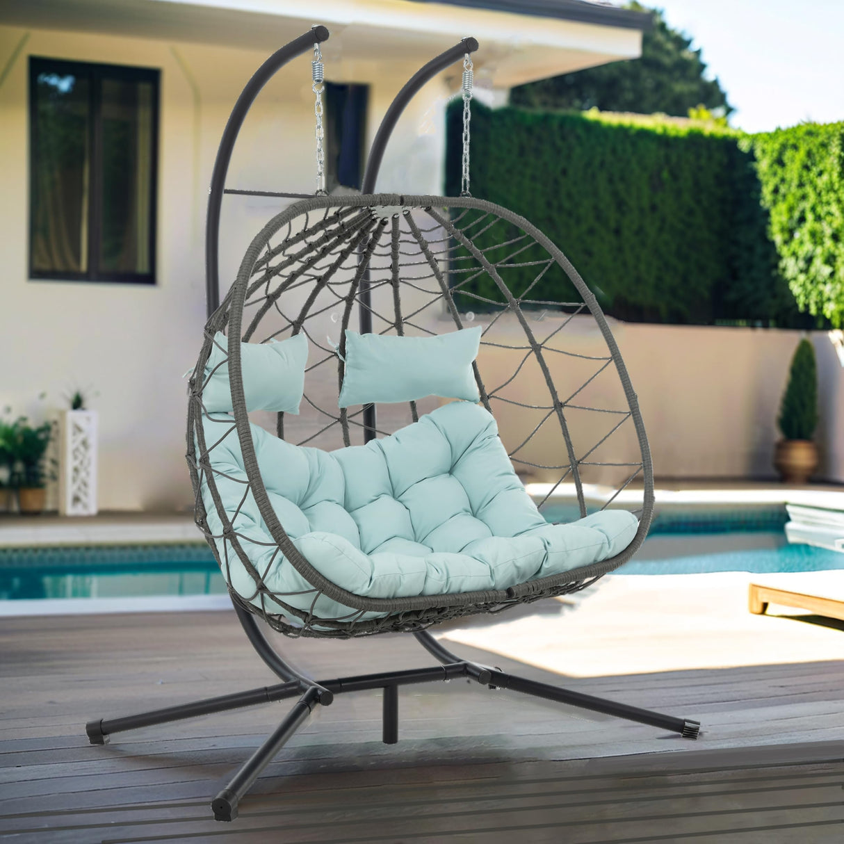 JOYBASE Double Swing Egg Chair with Stand, 2-Person Hanging Egg Chair Wicker Rattan Oversized Swinging Chair for Outdoor Indoor Garden Patio (Light Blue) JOYBASE