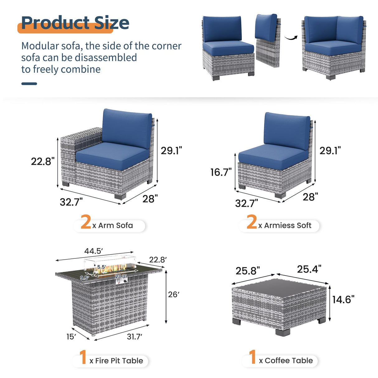 UDPATIO 7 Piece Patio Furniture Set with Fire Pit Table, 8''Wide Armrest Modular Rattan Outdoor Sectional Sofa Set,Wicker Patio Conversation Sets for Backyard,Deck w/ 4'' Cushions,Cover(Grey/Blue) UDPATIO