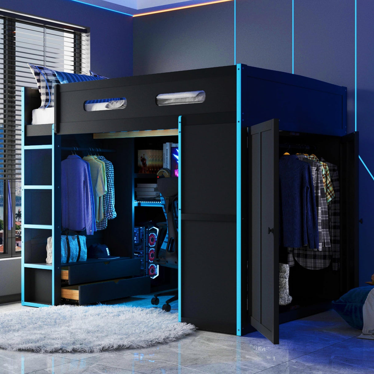 Modern Full Size Wood Gaming Loft Bed with Desk and Wardrobe,USB Port and RGB LED Light,for Kids Teens Adults Bedroom Use (Cloud Blue#RGB, Full) Brabrety