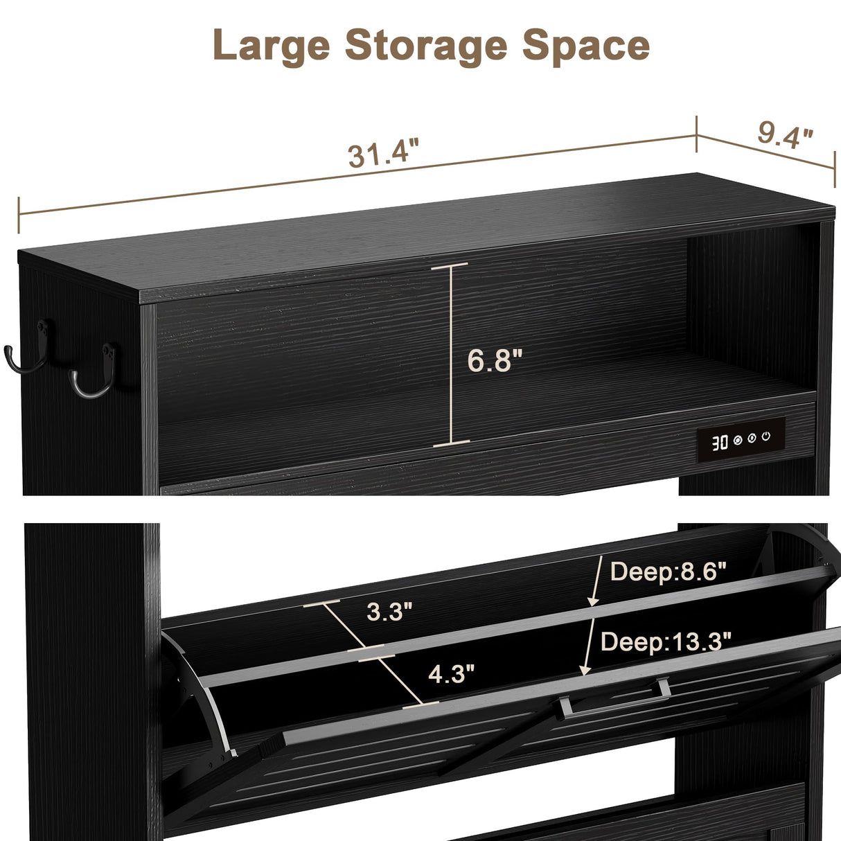 ChooChoo Shoe Storage Cabinet with 2 Flip Drawers, Deodorizing Shoe Cabinet Organizer with Open Storage, Freestanding Hidden Narrow Slim Shoe Rack Cabinet Space Saving for Entryway, Black ChooChoo