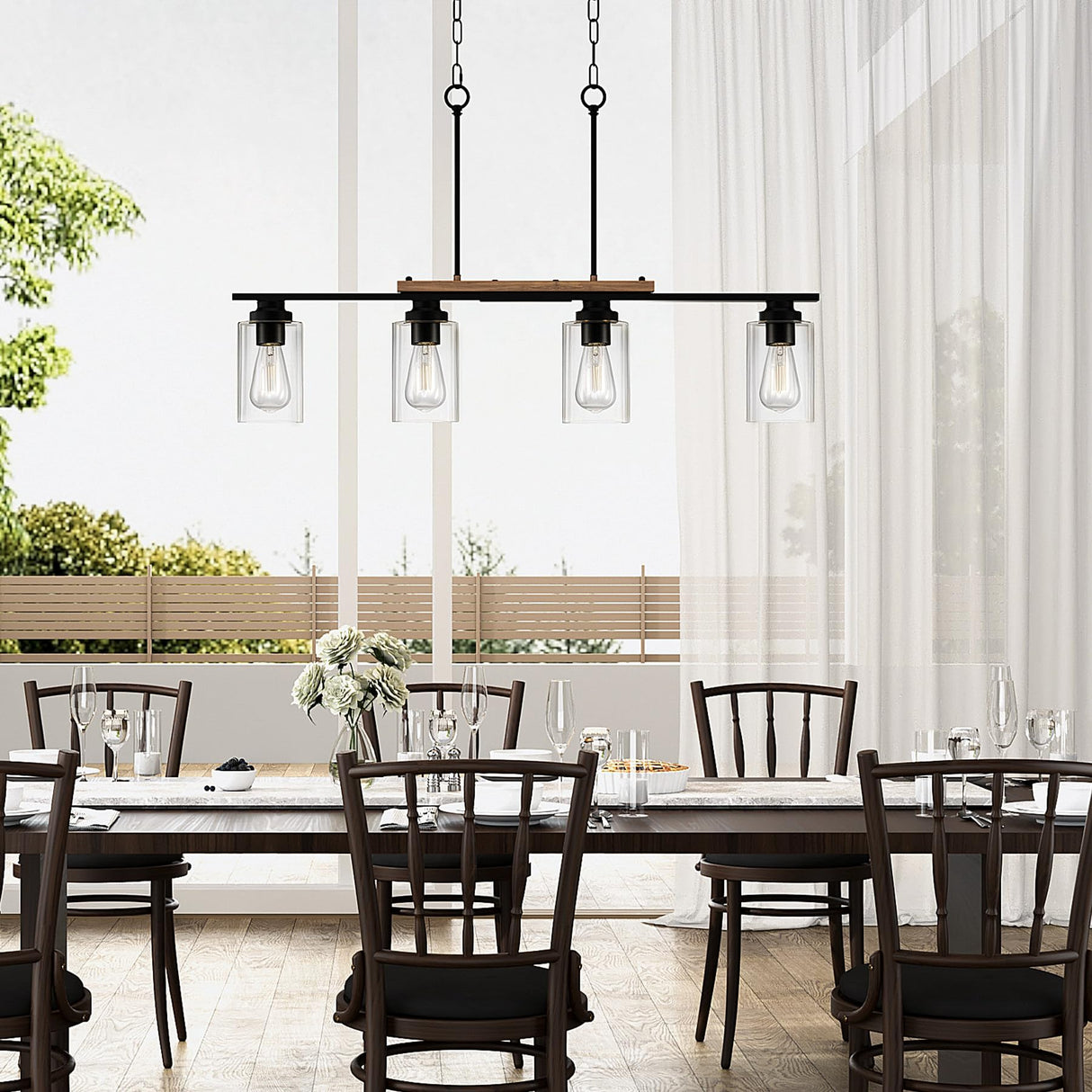 VONLUCE Dining Room Light Fixture Over Table, 4-Light Kitchen Island Lighting with Glass Shade and Adjustable Rods, Farmhouse Linear Chandelier Pendant Light for Kitchen Living Room, Matte Black VONLUCE