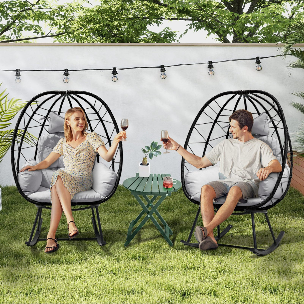 FKSLIFE Wicker Egg Chair Outdoor,Rocking Chair Outdoor with Cushion,330lb Capacity,All-Weather Rattan Patio Egg Chair Lounger for Room,Balcony,Backyard,Garden (Light Grey Cushion) FKSLIFE