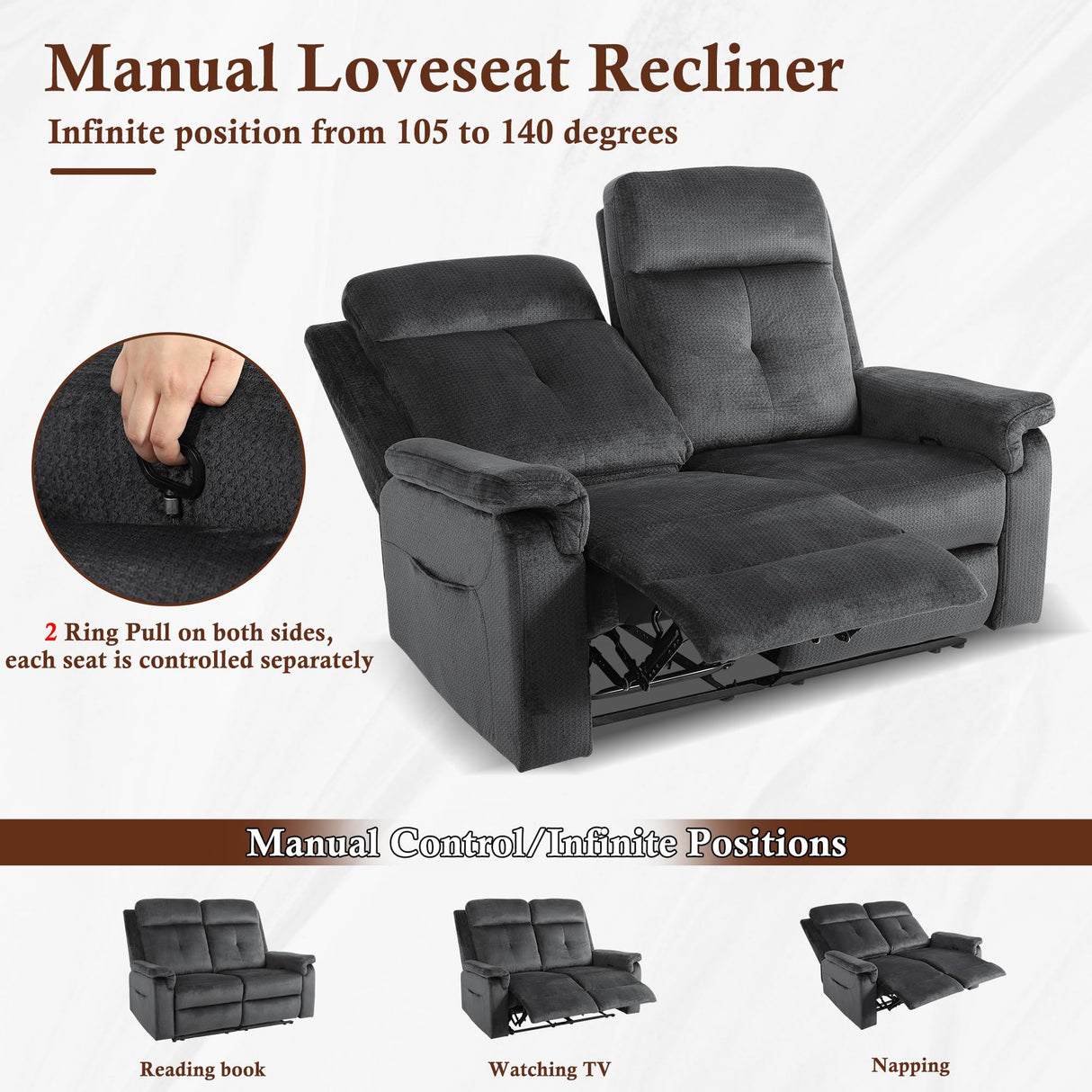 GUEAPY Loveseat Recliner Sofa-Double Recliner Loveseat with Heat and Massage,2 Seater Reclining Couch,Manual Reclining Loveseat with Pockets, Infinite Position for Living Room,Bedroom GUEAPY