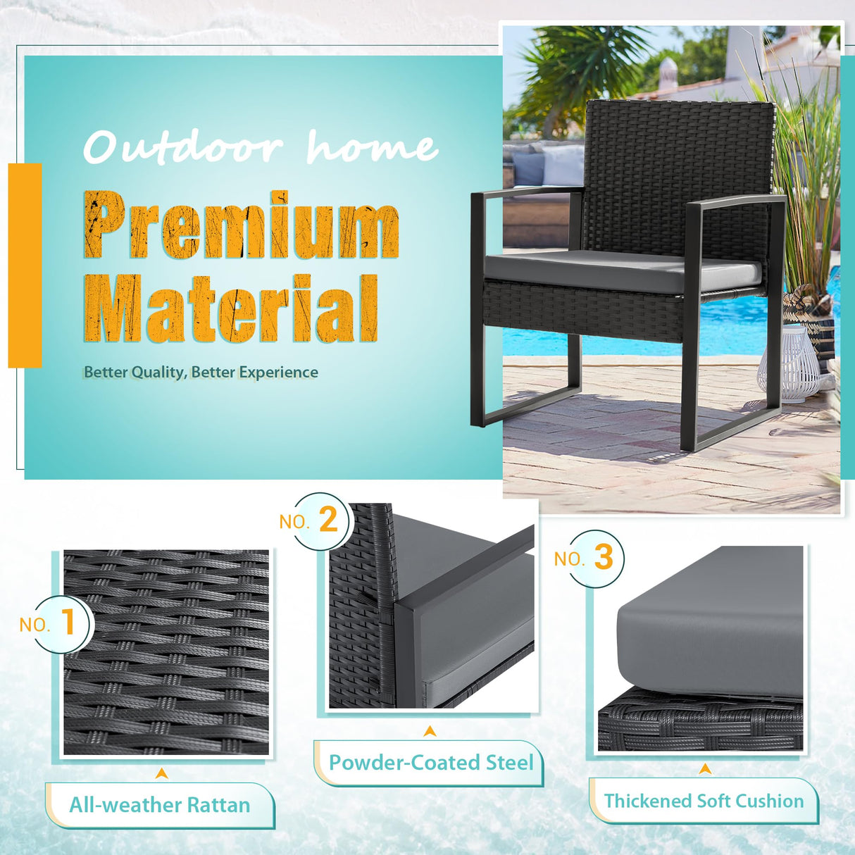 Flamaker 3 Pieces Patio Set Outdoor Wicker Furniture Modern Bistro Rattan Chair Conversation Sets with Coffee Table for Yard (Grey) Flamaker