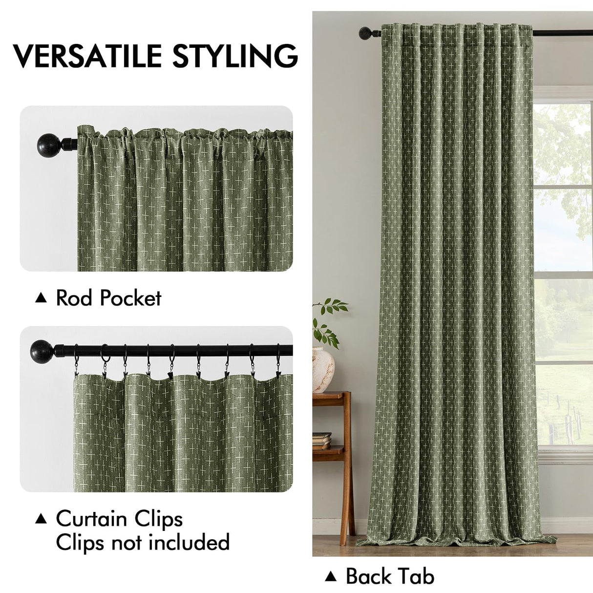 MIULEE Decorative Back Tab Linen Curtains with Geometric Pattern for Living Room Bedroom Farmhouse Rustic Thick Woven Textured Patterned Mudcloth Drapes 84 Inches Long 2 Panels Set, Olive Green MIULEE