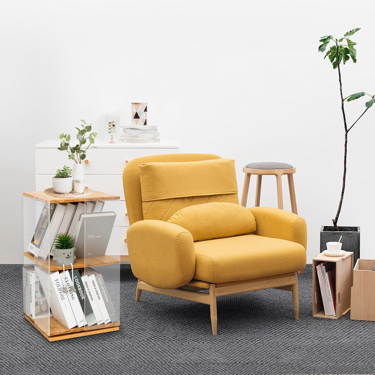 MYOYAY 360° Rotating 2-Tier Acrylic Bookshelf with Doors for Modern Display MYOYAY