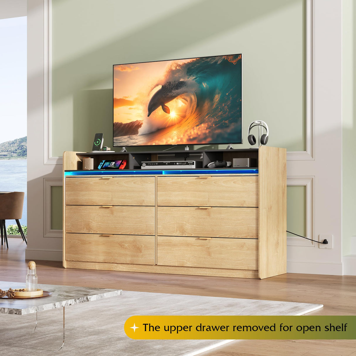 WLIVE 9 Drawer Led Dresser for Bedroom, 58.35'' Wide Wood Dresser Storage Organizer with Power Outlets for 65'' TV, Dressers with Open Shelves, Chest of Drawers for Closet, Living Room, Light Oak WLIVE