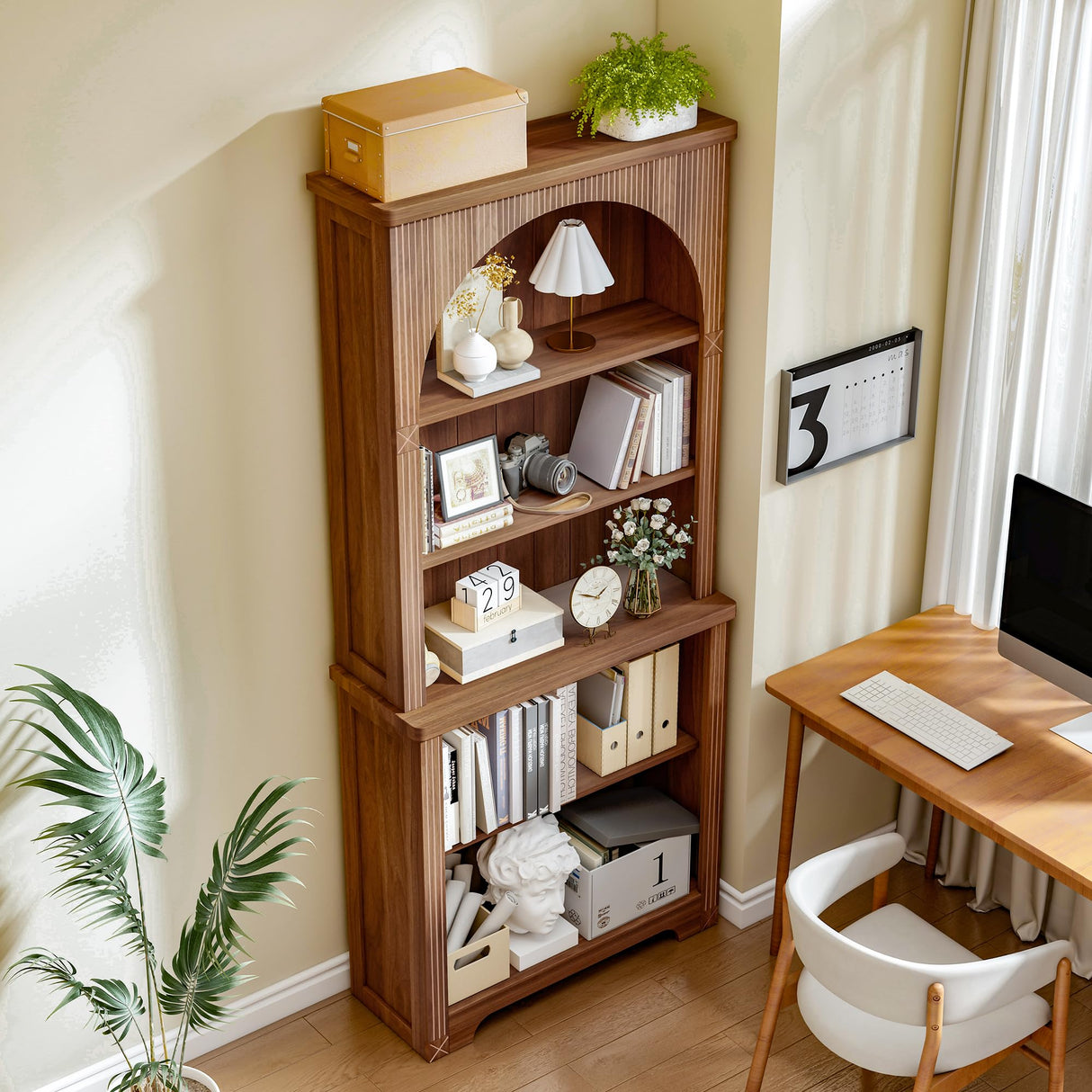 FurSch 71” Tall Arched Bookshelf,Wooden 5 Tier Fluted Book Shelves with Adjustable Shelf,Arched Bookcase Bookshelf for Living Room Home Office FurSch