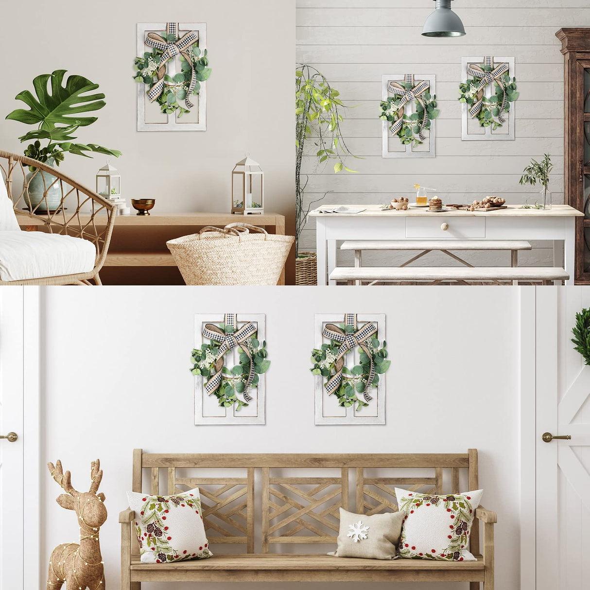 2 Pieces Farmhouse Wall Decor Wood Window Frame with Eucalyptus Wreath Rustic Farmhouse Decor Living Room Farmhouse Wall Art Plaid Bow Wood Window Decor Wooden Wall Pediments, 13. 8 x 8.9 Inch, White Namalu