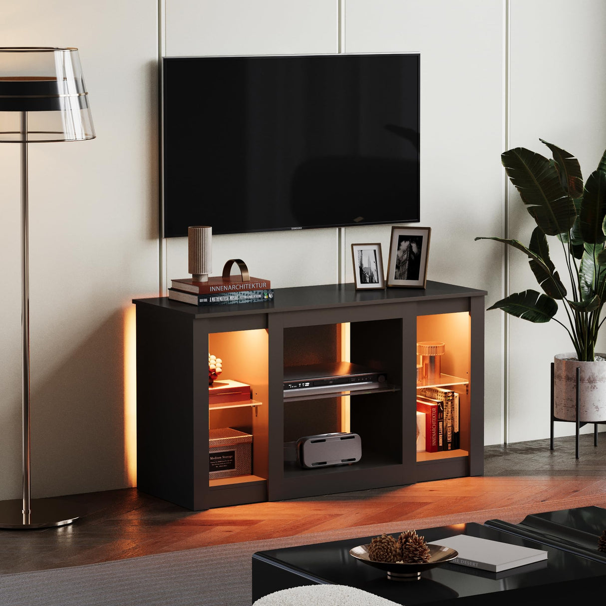 WLIVE TV Stand for 43 Inch TV, Modern Entertainment Center with LED Lights & Adjustable Glass Shelves, Sturdy Media Console for Living Room, Bedroom,Gaming (Black) WLIVE