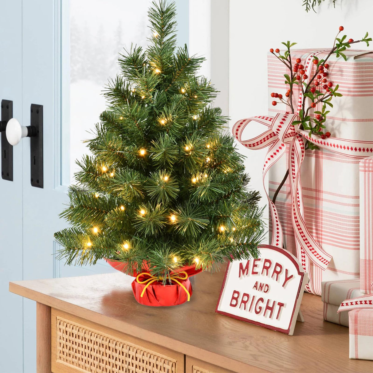 Pre-lit Artificial Mini Christmas Tree | Leeheeyee 2ft Tabletop Christmas Tree with 50 LED Lights, Battery Operated Small Xmas Pine Tree with Burlap Base for Table Desk Home Christmas Decor leeheeyee