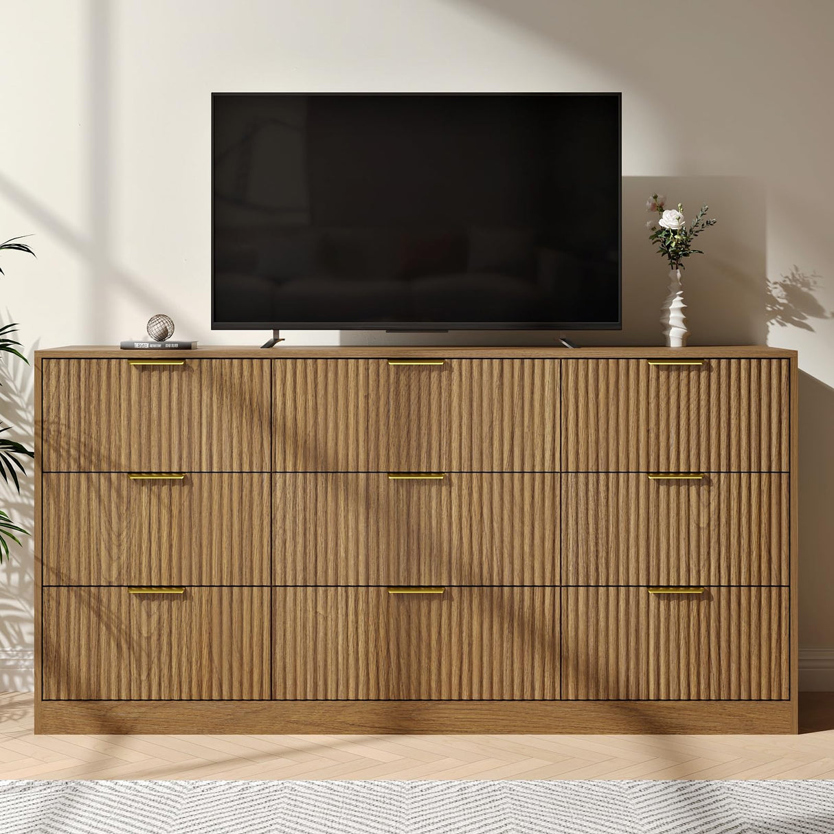 NOVAMAISON Dresser for Bedroom with 9 Drawer, 63” Wide Wooden Dresser Mid Century Chest of Drawers with Metal Handle, Dressers TV Stand Storage Organizer for Closet, Bedroom, Living Room, Natural Wood NOVAMAISON