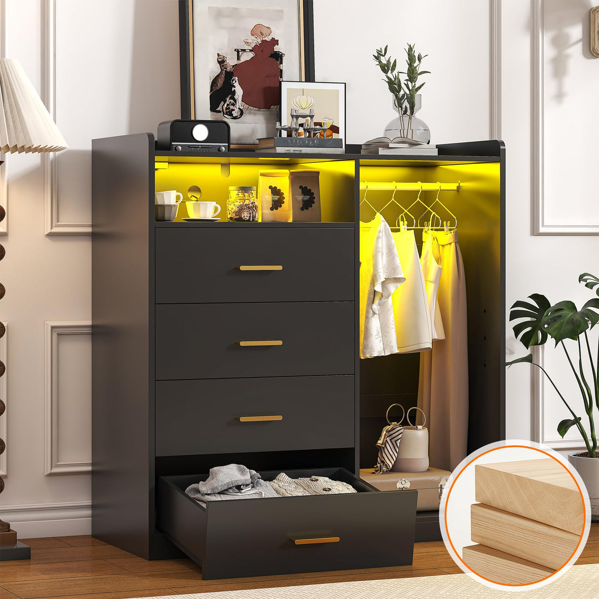 Bigbiglife Dresser with Clothes Rack for Bedroom Wood, 4 Drawer Dresser White with LED Lights and Power Outlet, 15.7" D x 43.3" W x 45.7" H, Tall Storage Chest of Drawers with Flexible Shelf,Black Bigbiglife