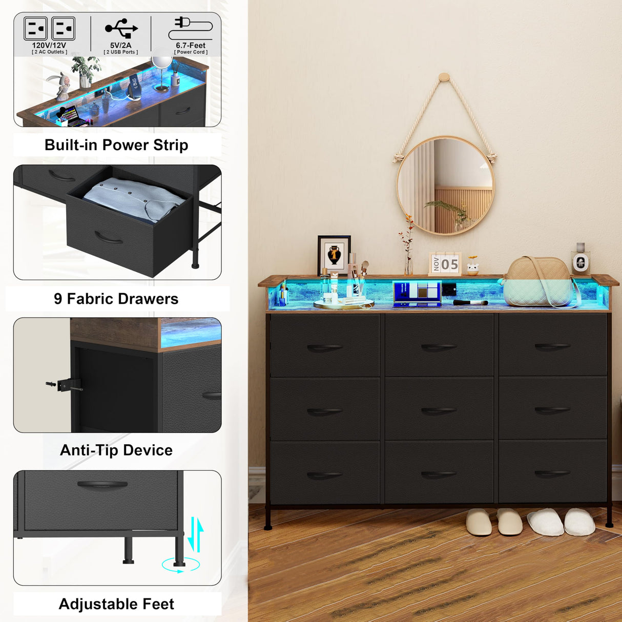 EXOTICA Black Dresser for Bedroom with Charging Station 9 Drawers Dresser with LED Light and USB Ports for Hallway Entryway Closets Sturdy Steel Frame Wood Top (Faux Leather Fabric Drawer) EXOTICA