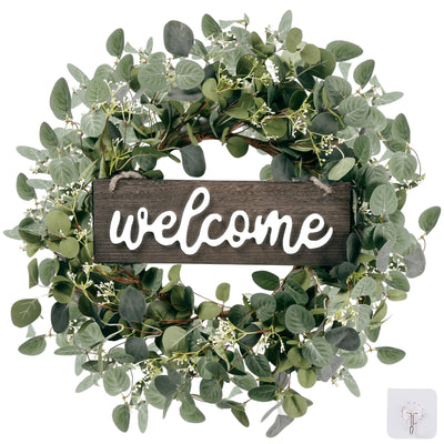Sggvecsy Green Eucalyptus Leaf Wreath with Welcome Sign 20in Artificial Eucalyptus Wreath Spring Summer Wreath for Front Door Wall Window Farmhouse Festival Porch Patio Garden Decor
