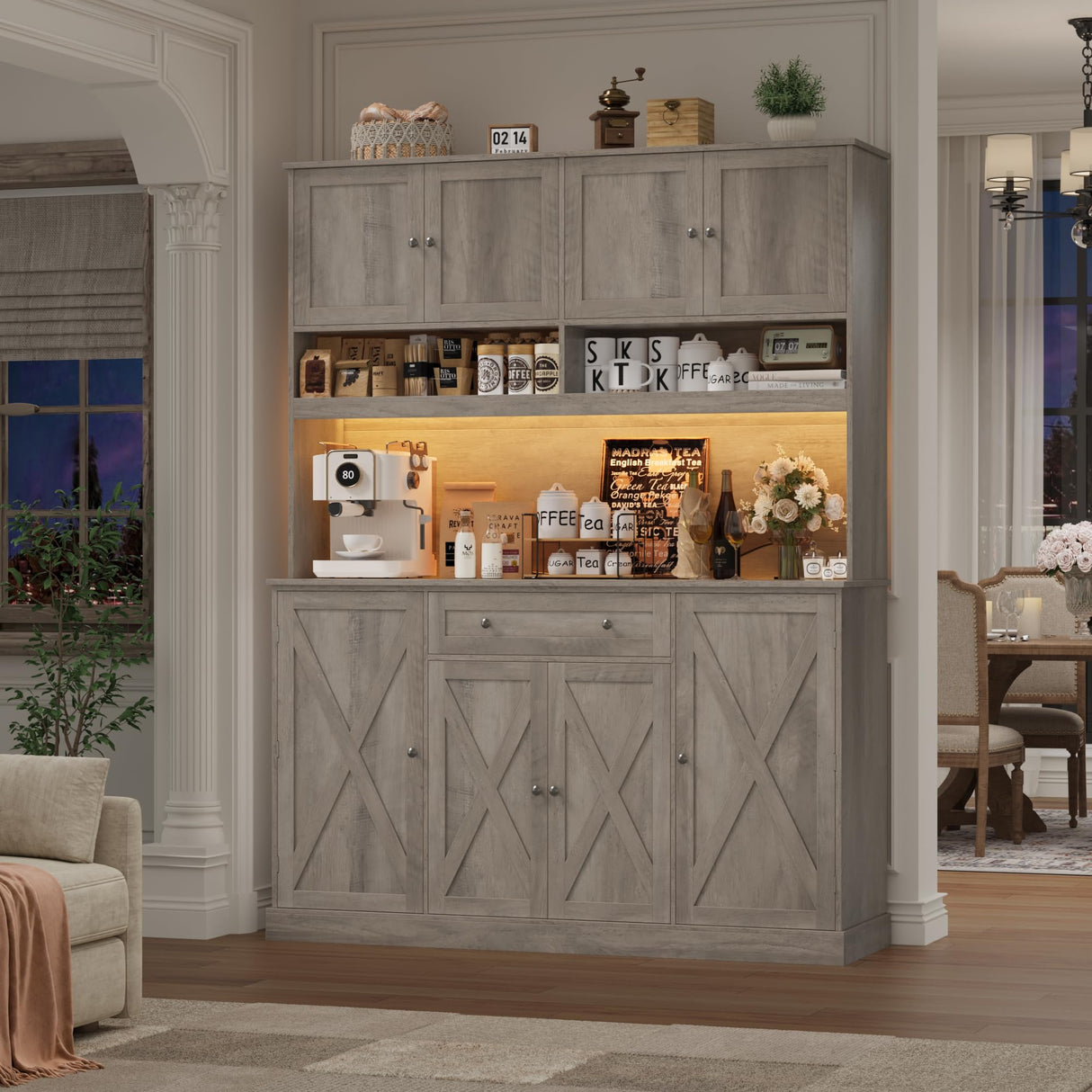 HIFIT 72.8” Tall Kitchen Pantry Cabinet with LED & Charging Station, 55” Wide Farmhouse Pantry Storage Cabinet with Microwave Stand&Shelves&Barn Doors, Kitchen Hutch Coffee Bar for Living Room, Grey HIFIT