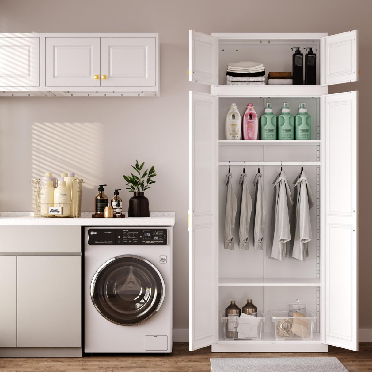 Metal Armoire Wardrobe Closet with Hanging Rod, 86" Tall Metal Clothing Storage Cabinet, White Armoire with Adjustable Shelves MetalMax