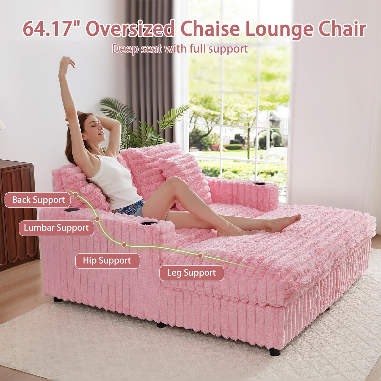 RARZOE 64'' Oversized Chaise Lounge Chair Indoor, Plush Faux Rabbit Fur Sleeper Sofa Bed with 4 Pillows, Charging Station & Cup Holders, Fluffy Comfy Cloud Couch Loveseat Sofa for Living Room,Pink RARZOE