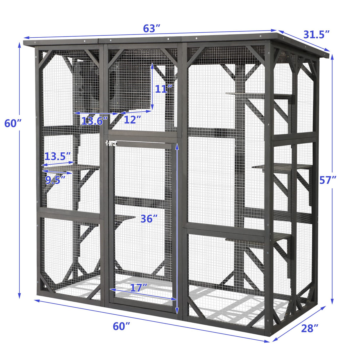 LEISU Large Outdoor Cat House Outdoor Wooden Cat Cage Cat Enclosure with Weatherproof Large Run, Jumping Platforms for Play Catio Cat Patio with Large Entrance Easy to Clean (Dark Grey) LEISU