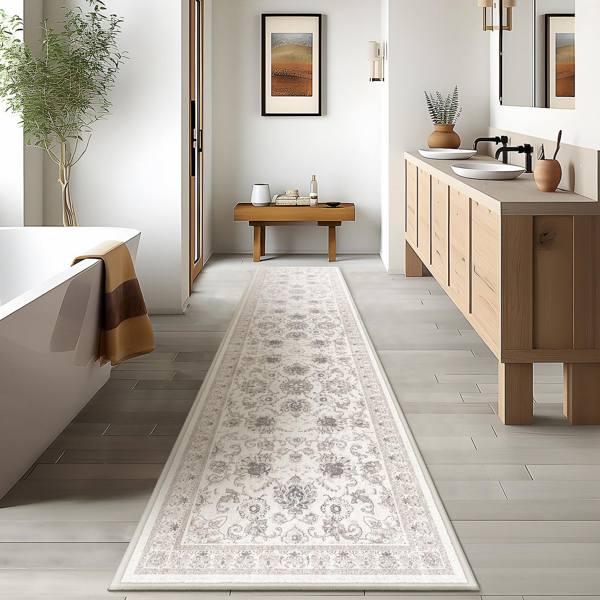 Phantoscope Hallway Runner Rug 2'x10'- Long Rug Runner Boho Washable Non-Slip Carpet for Kitchen Entryway Laundry Bedroom, Ultra-Thin Runners Vintage Distressed Accent Rug, Beige/Neutral Phantoscope