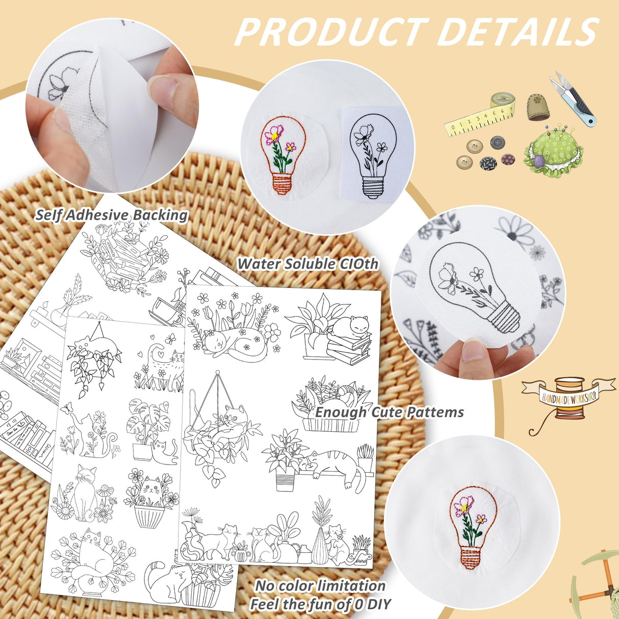 Water Soluble Stabilizer Embroidery Paper - Stick and Stitch Embroidery Paper Wash Away, 3 Sheet Embroidery Patterns, Potted Plant, Flower Book Cat Design, Hand Sewing Crafts CRASHOT