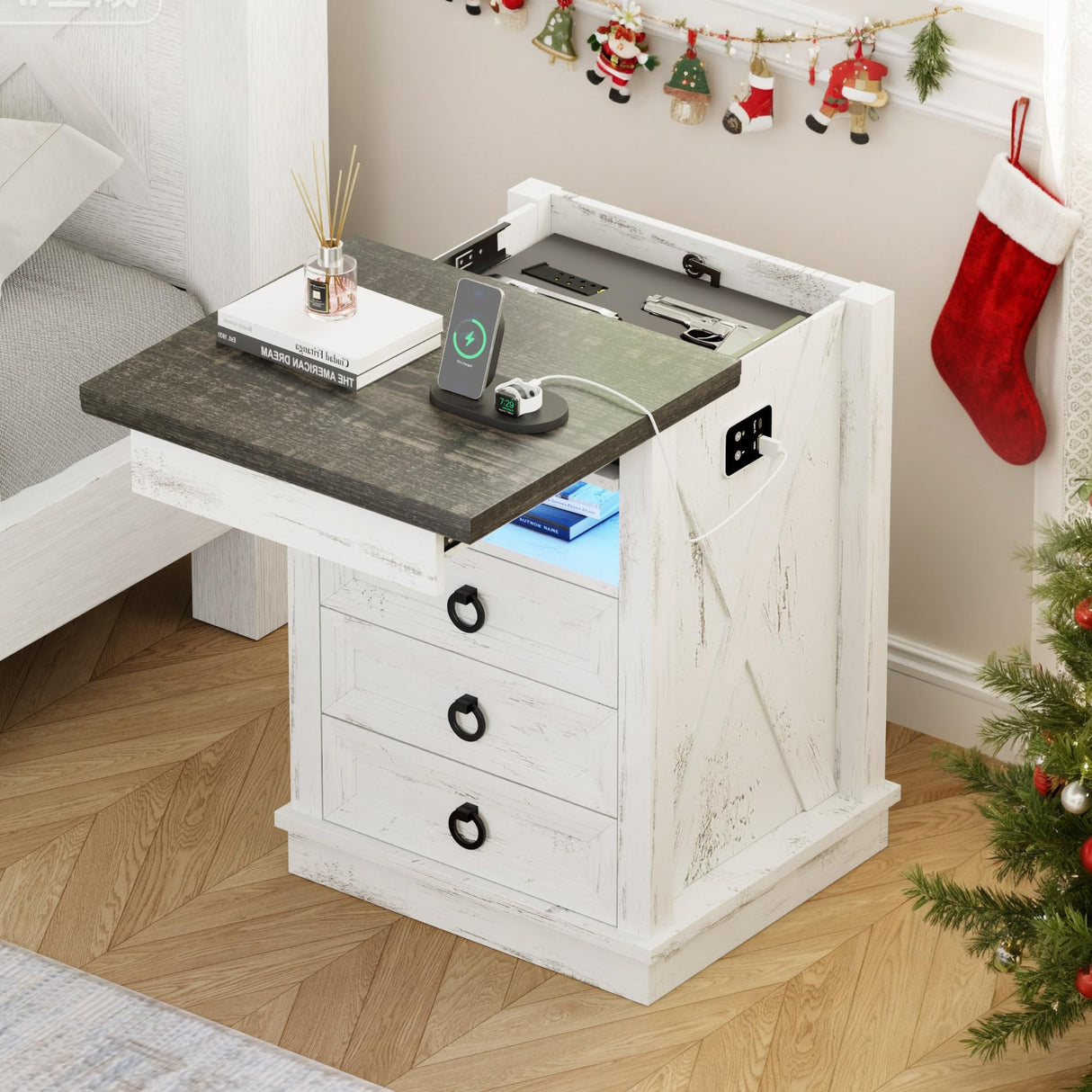 Lvifur Farmhouse Nightstand with Gun Drawer, Human Sensor LED Bedside Table with LED Lights & Charging Station, Rustic Wood Sofa Side End Table with 3 Drawers for Bedroom (Antique White) Lvifur