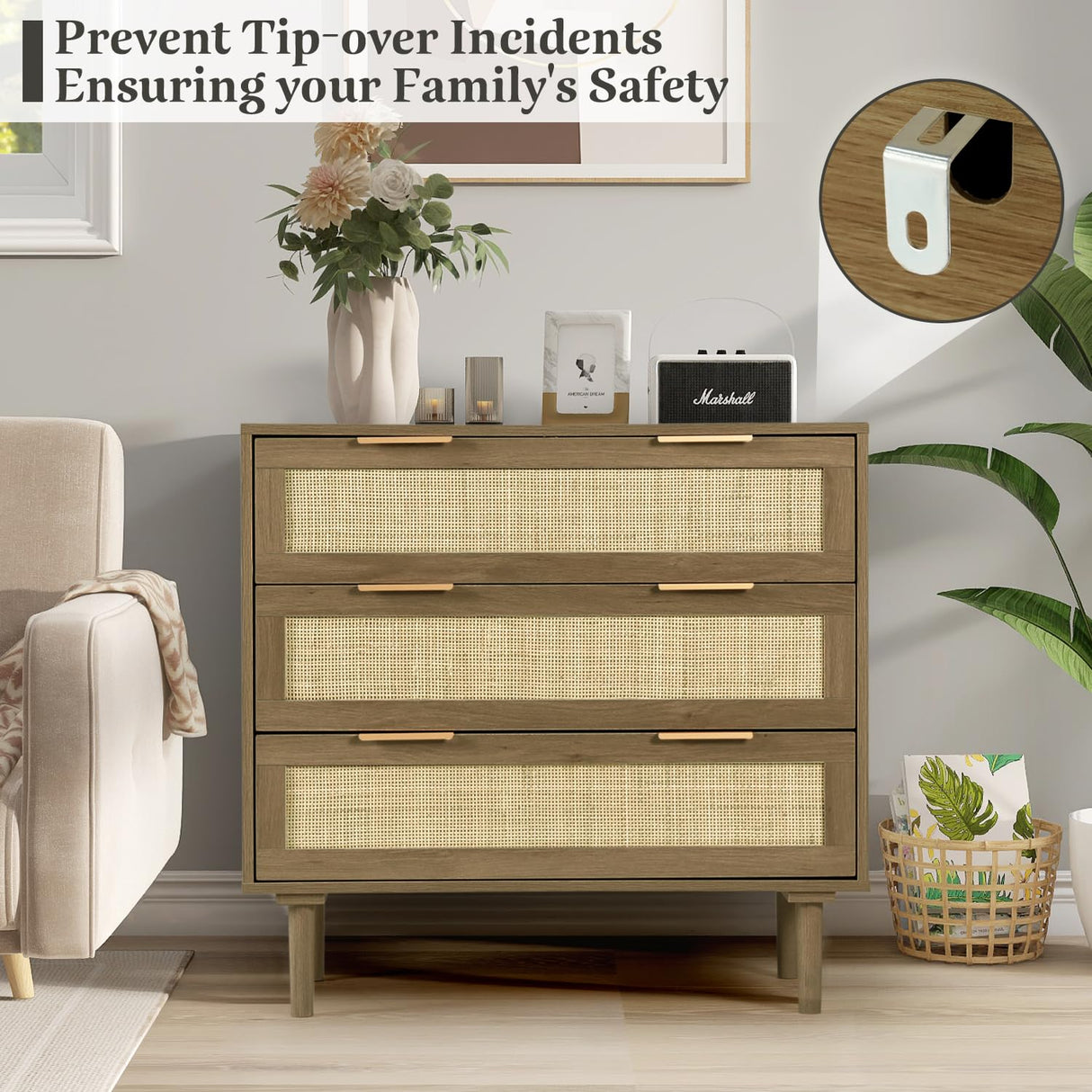 HOPUBUY 3 Drawer Dresser for Bedroom, Rattan Dresser Modern Closet Dressers Chest of Drawers, Wood Brown 3 Drawer Storage Chest for Kids Bedroom, Hallway, Living Room HOPUBUY