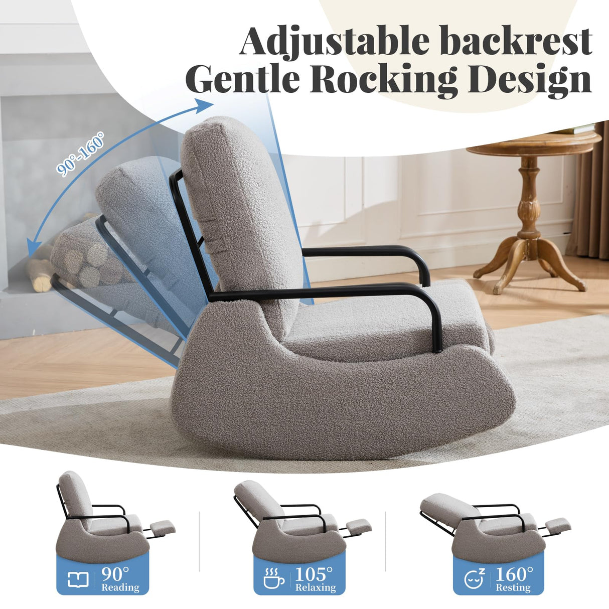 ASAHREE Nursery Rocking Chair, Teddy Upholstered Glider Rocker Modern Accent Chair Padded Seat with High Backrest,Comfy Side Chair for Nursery,Living Room Bedroom Offices, Gray ASAHREE