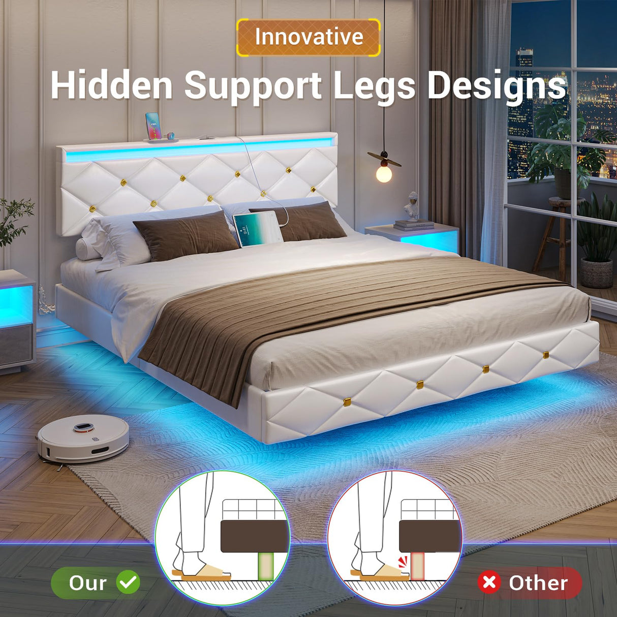 Hasuit Modern Floating Queen Bed Frame with LED Lights and Charging Station Hasuit