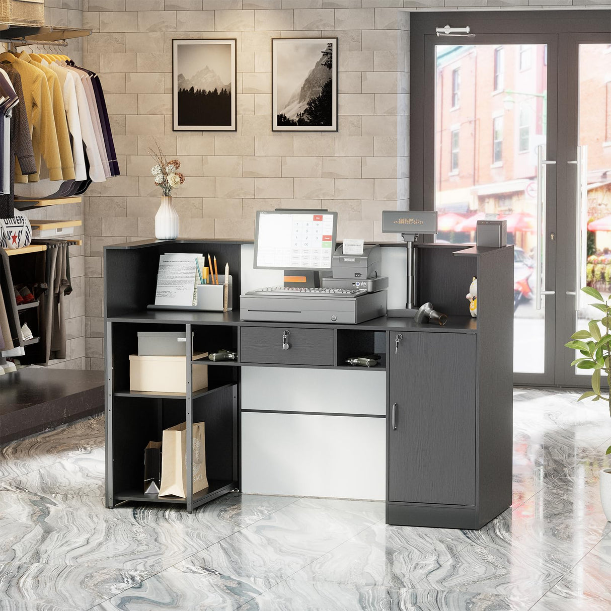 PAKASEPT Modern Reception Desk with LED Lights, 63 Inches Front Counter Table with Lockable Drawer & Shelves, Checkout Counter for Reception Room, Lobby, Beauty Salon (Black) (Black) PAKASEPT