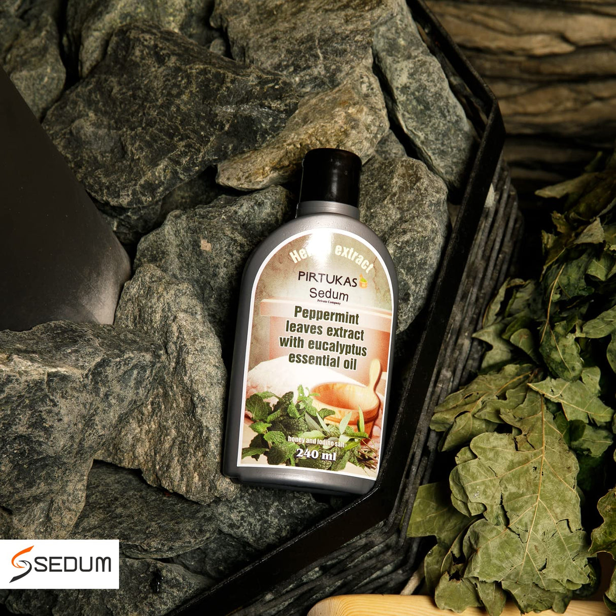 Sedum Natural Herbal Extract for Sauna, Massage, Broom Soaking - Sauna Infusion with Peppermint Leaves Extract with Eucalyptus Essential Oil, Honey and Iodine Salt - 240ml Sedum