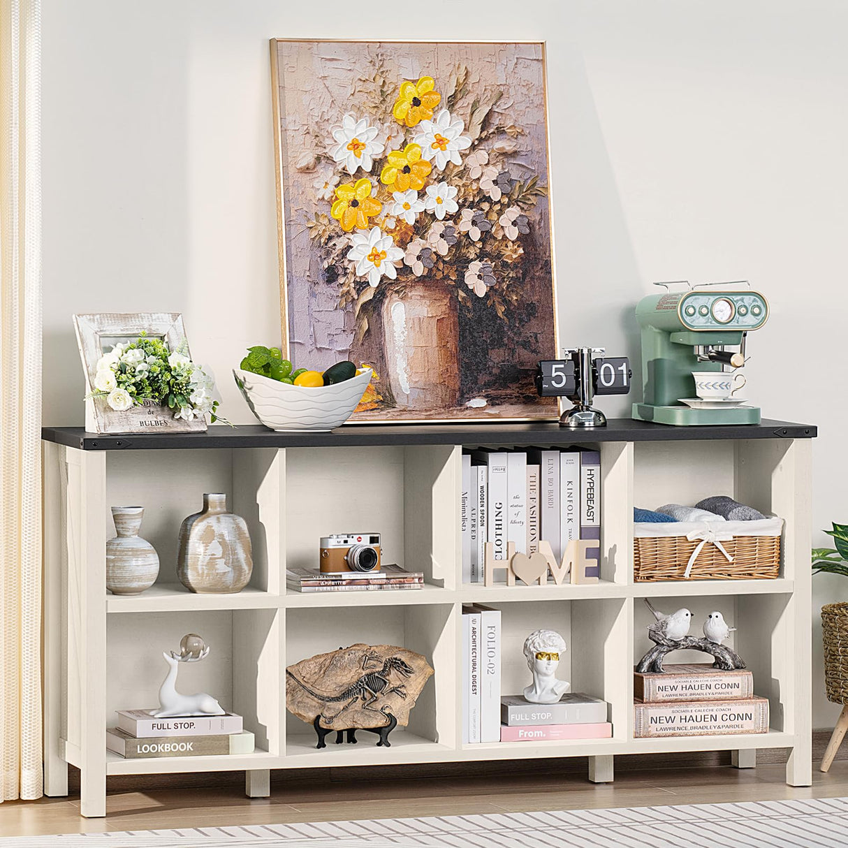 Joaxswe 8 Cube Book Shelf, Farmhouse Wood Long Storage Organizer Bookcase, 62" Horizontal Antique White & Black Console Bookshelf, Kids Toy Storage Cabinet, Modern Open Book Case for Playroom, Office Joaxswe